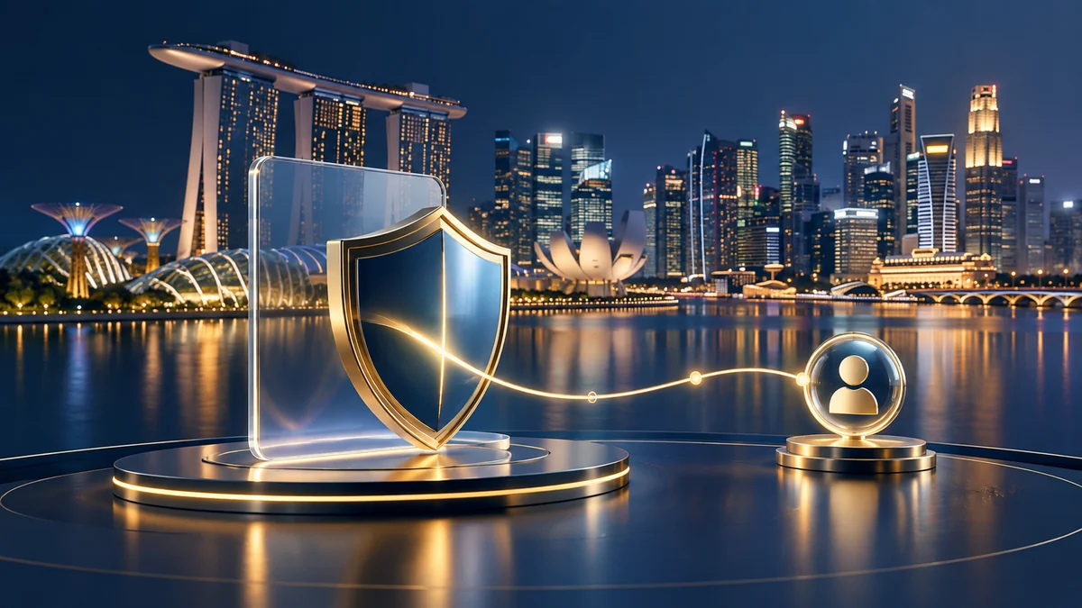 Ilustración editorial del horizonte de Singapur y un escudo de contacto verificado.