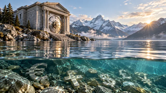 Lago suizo que refleja una bóveda de banco conceptual y formas de moneda sumergida. Ilustración editorial conceptual generada por AI, no pruebas documentales.