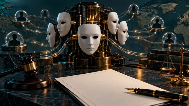 Máscaras de etiqueta blanca sin marca conectadas a un motor comercial central junto a un documento legal. Ilustración editorial generada por AI.