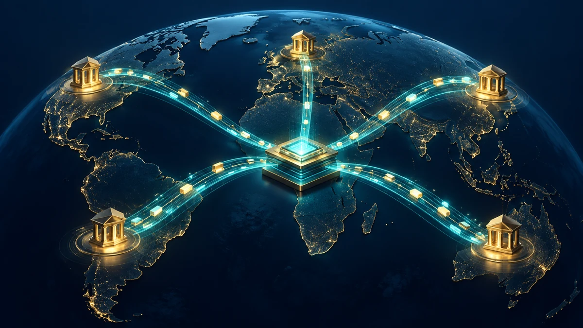 Ilustración interpretativa de cinco canales de divisas que transportan pagos a través de una red global.