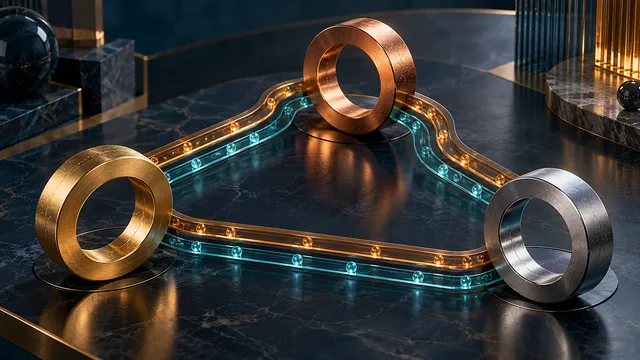 Tres anillos metálicos de moneda ligados por canales pareados que representan ambos lados de una cruz FX sintética. Ilustración editorial generada por AI.