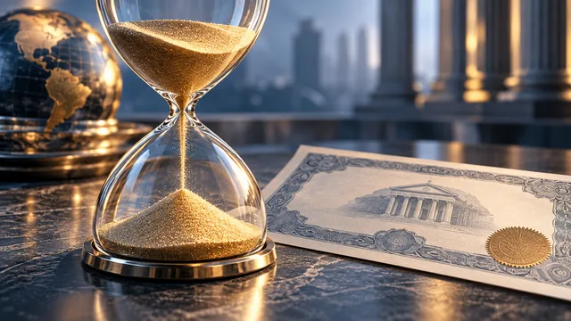 Un reloj de arena llenando un buque de interés junto a un certificado de bonos. IA-generada ilustración editorial conceptual, no evidencia documental.