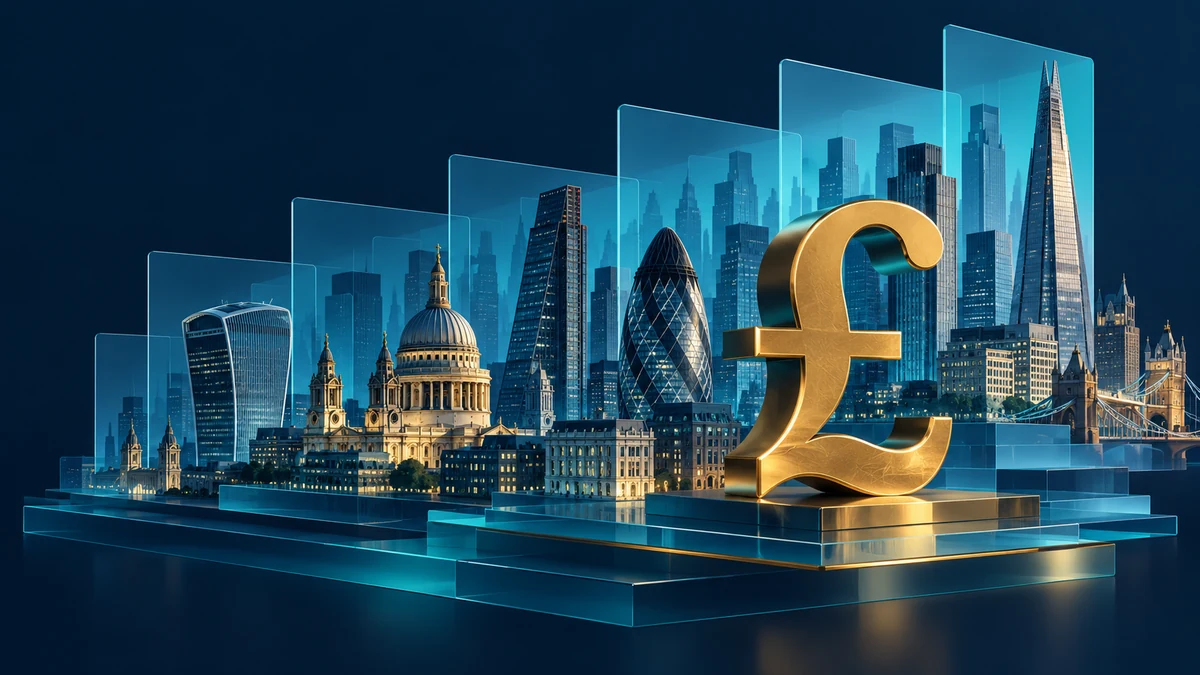 Ilustración interpretativa del horizonte financiero de Londres y la producción económica revisada.