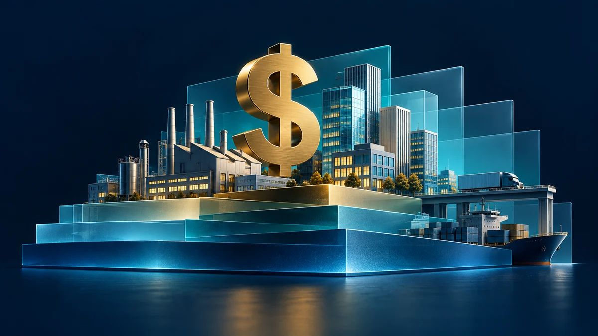 Ilustración interpretativa de sectores industriales y de servicios estratos con un motivo dolar.