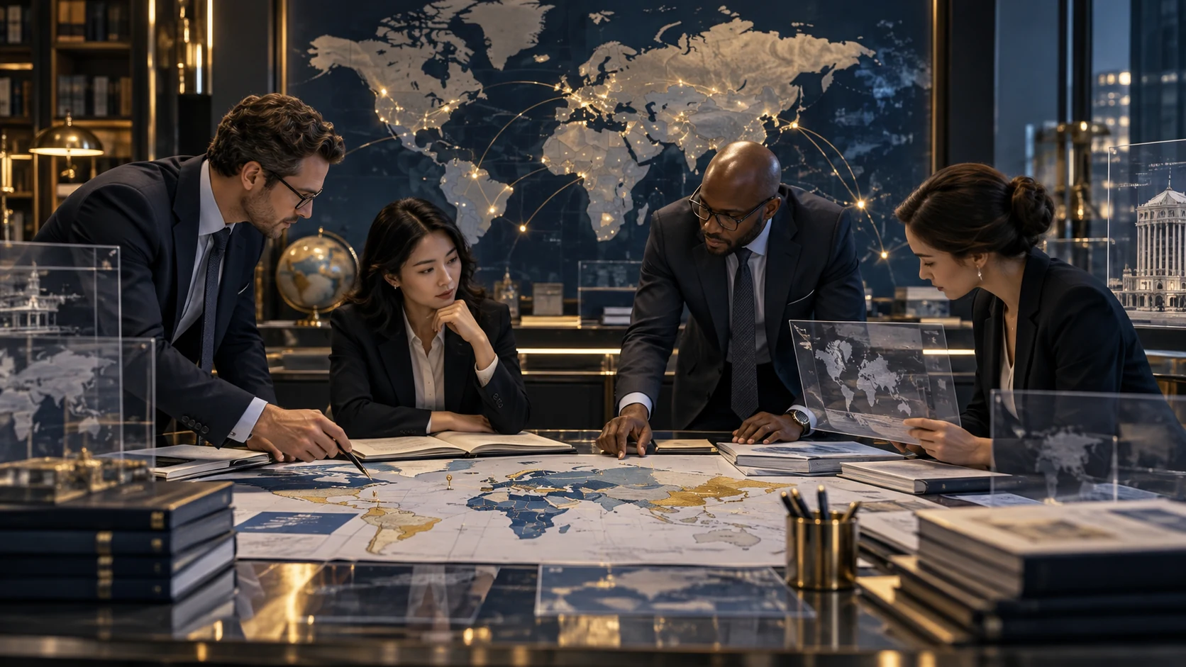 Policy analysts reviewing a world currency map and transparent foreign-exchange disclosure files