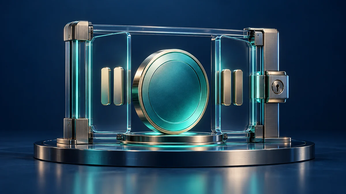 Ilustración editorial de un disco de establo sin marca dentro de una puerta de transferencia programable.